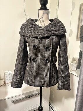 Majora Womens Plaid Double-Breasted Peacoat Jacket - Black/Cream Wool Blend